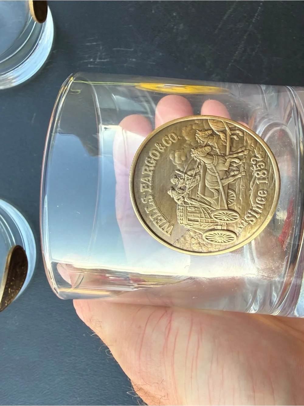 3 Wells Fargo Bank Lowball Bar Glass Set Stagecoach Token Coin Western Motif